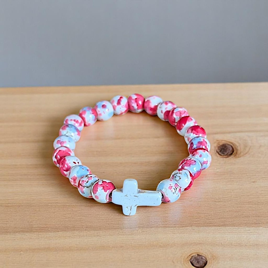 Hot Pink Baby Blue Beaded Cross Stretch bracelet