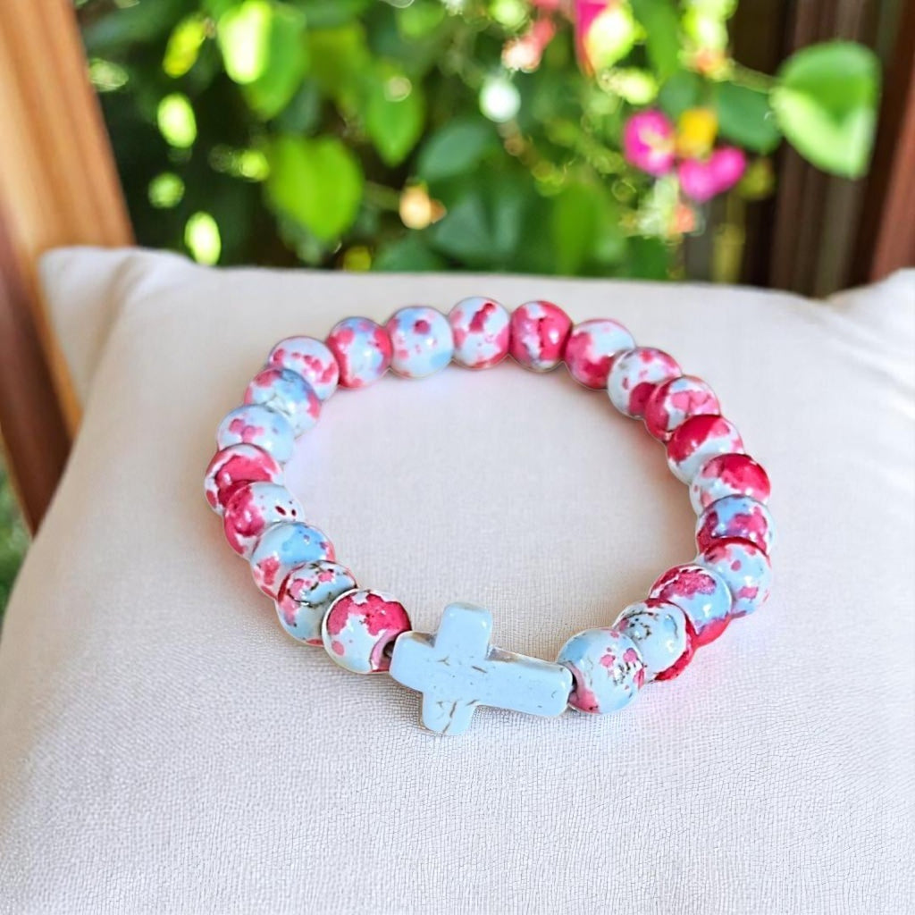 Hot Pink Baby Blue Beaded Cross Stretch bracelet