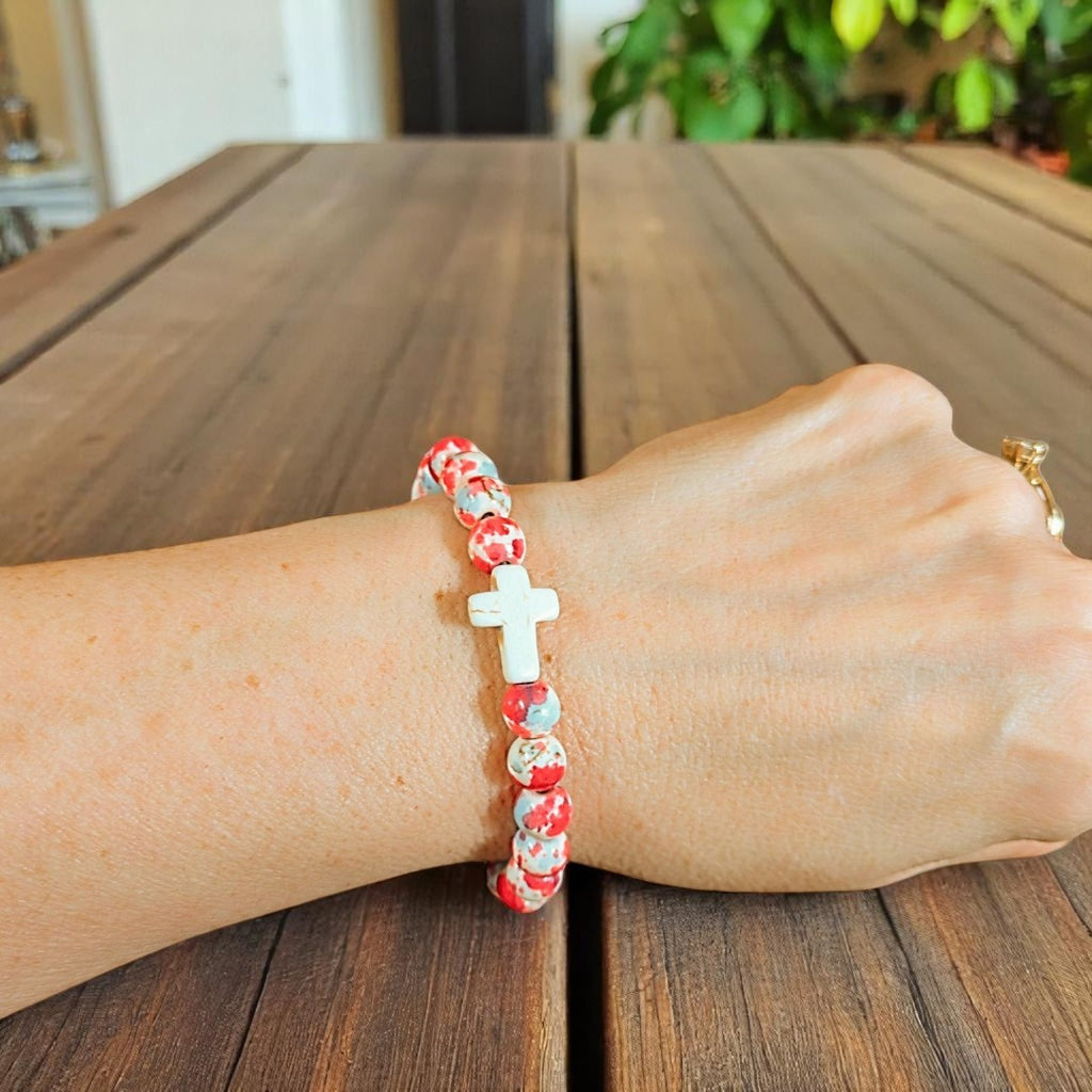 Hot Pink Baby Blue Beaded Cross Stretch bracelet