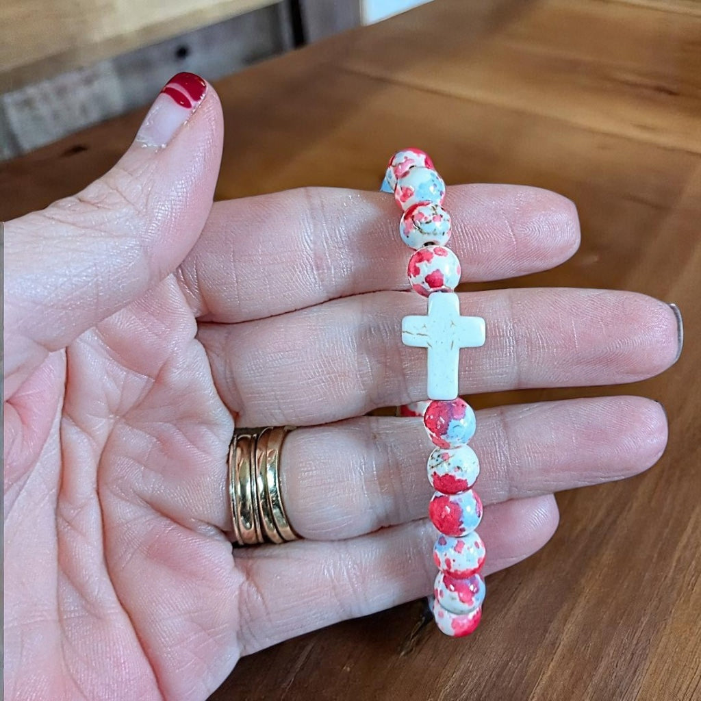 Hot Pink Baby Blue Beaded Cross Stretch bracelet