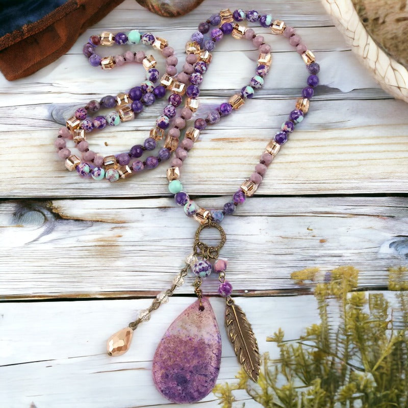 Purple Jasper Pendant Beaded Necklace - 34 inch