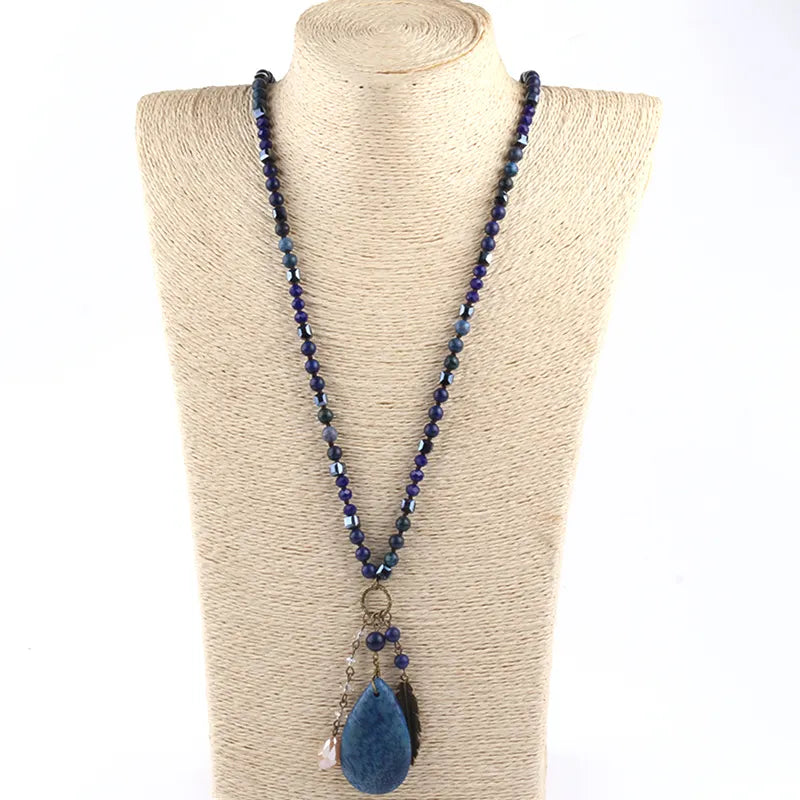 Blue Marine Jasper Pendant Beaded Necklace - 34 inch