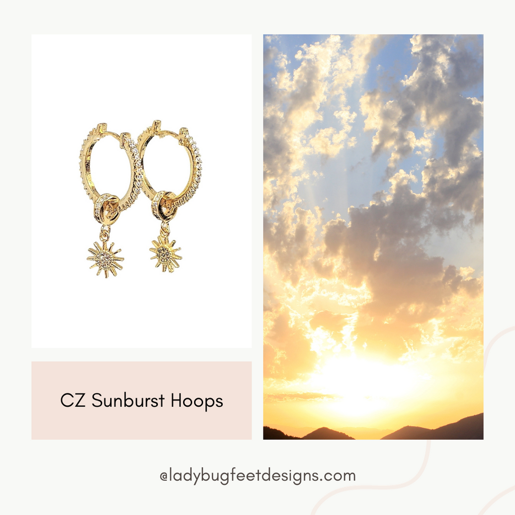 Gold Sunburst CZ Huggie Hoop earrings, 20mm Hoop Drop