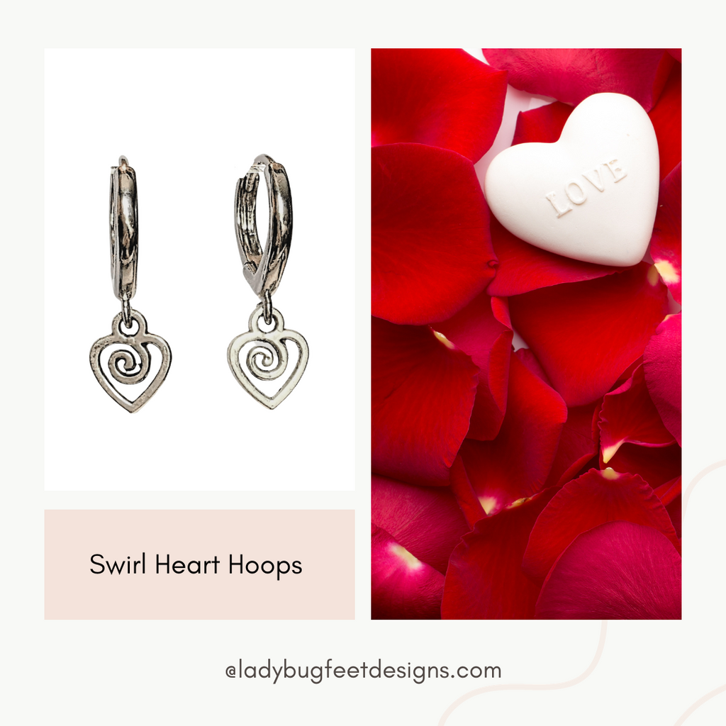 Silver Heart Swirl Huggie Hoop earrings, 15mm Hoop Drop