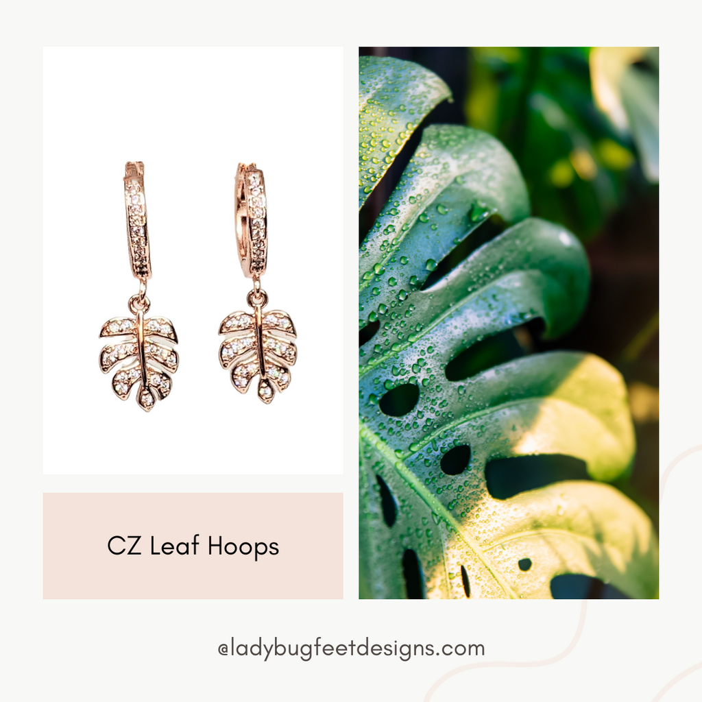 Rose-Gold CZ Monstera Leaf Hoop earrings, 15mm Hoop Drop