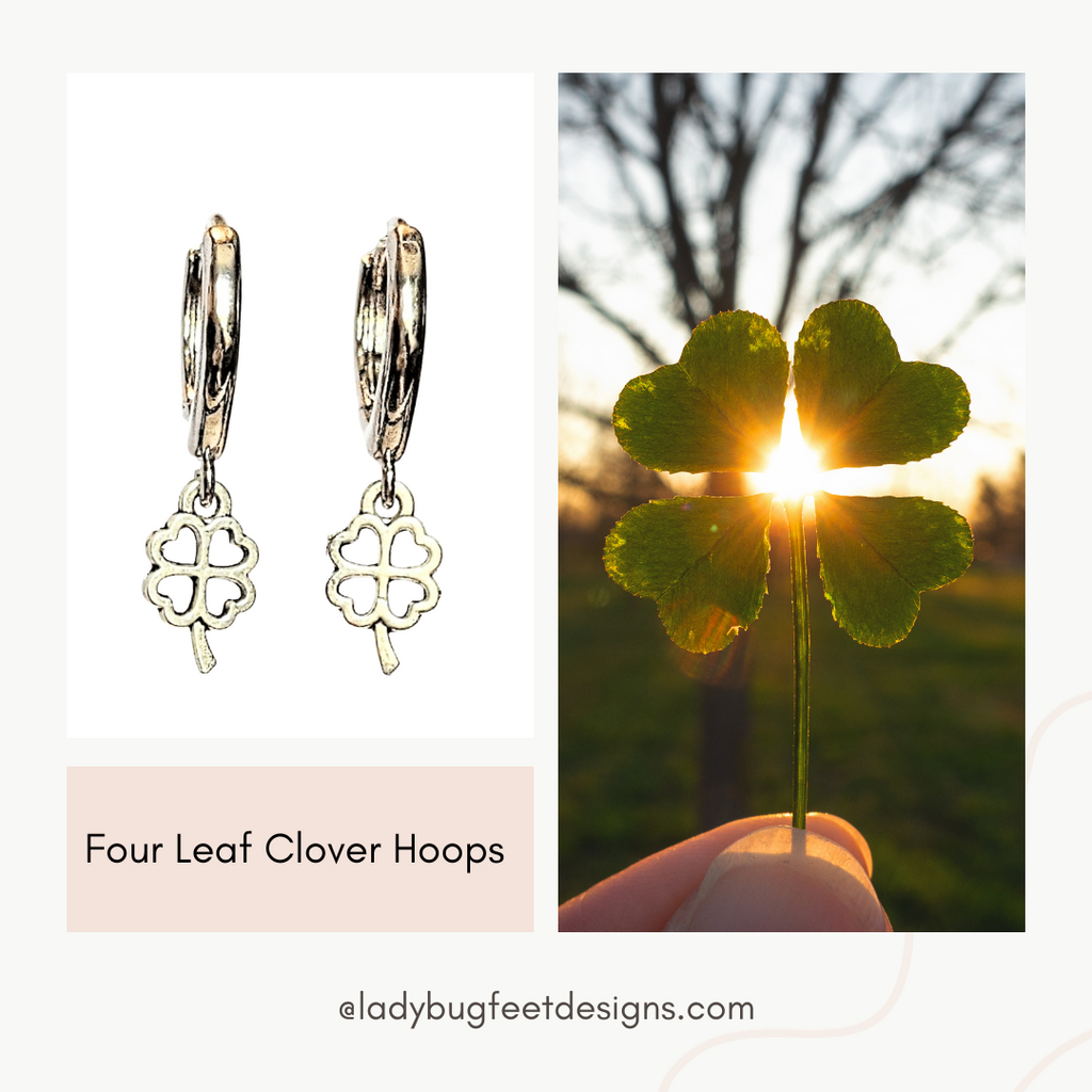 Silver 4 Leaf Clover Huggie Hoop earrings, 15mm Hoop Drop