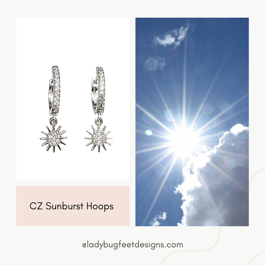 Silver Sunburst CZ Huggie Hoop earrings, 15mm Hoop Drop