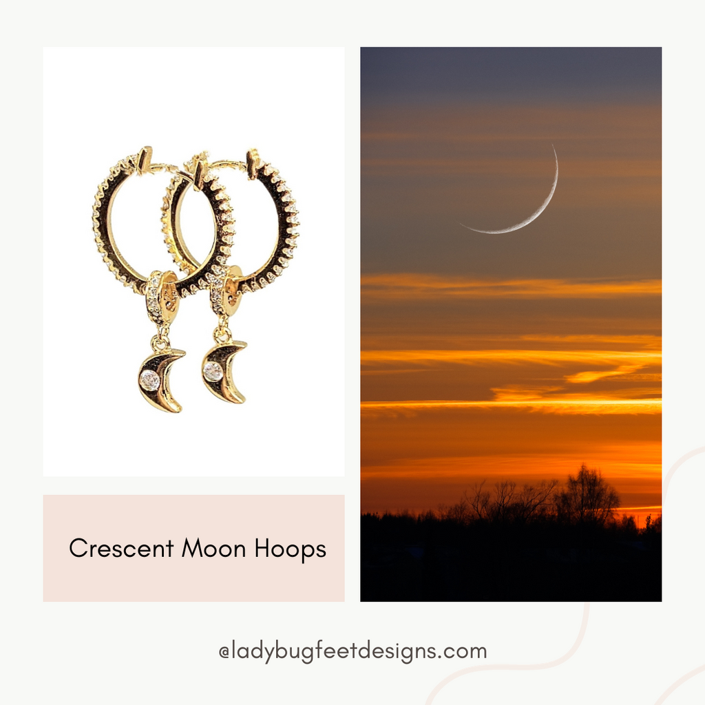 Gold Crescent Moon CZ Huggie Hoop earrings, 20mm Hoop Drop