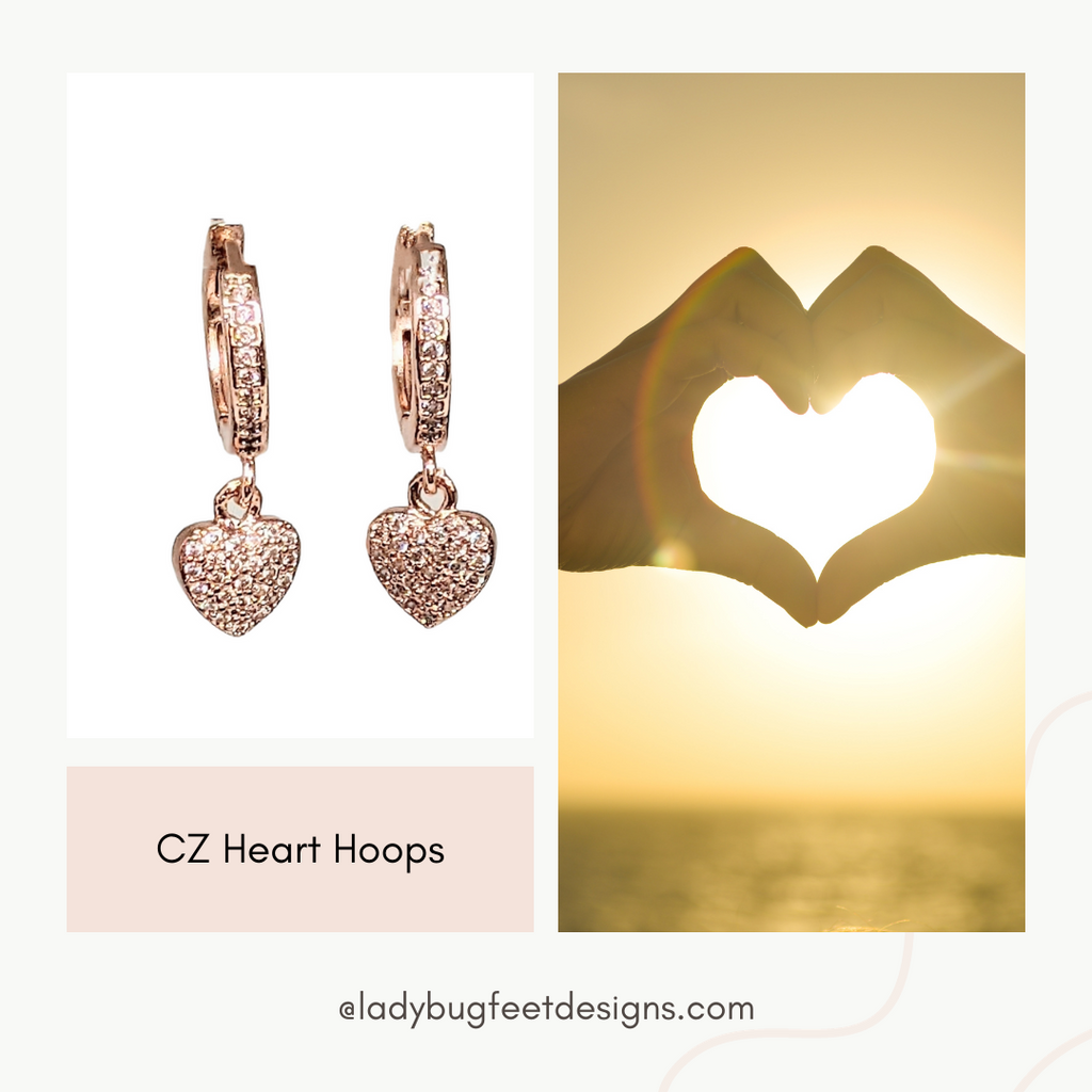 Rose-Gold CZ Heart Huggie Hoop earrings, 15mm Hoop Drop