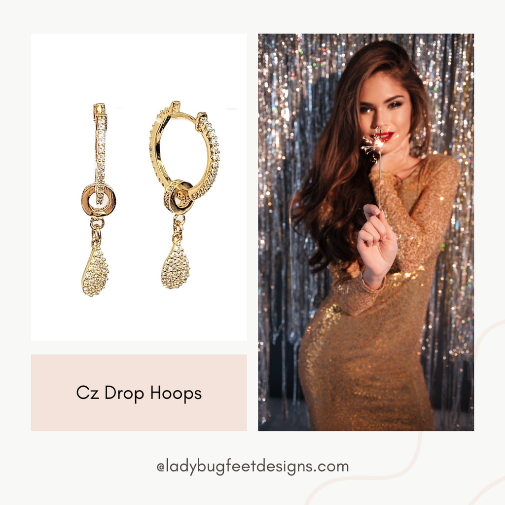 Gold CZ Tear Drop Huggie Hoop earrings, 20mm Hoop Drop