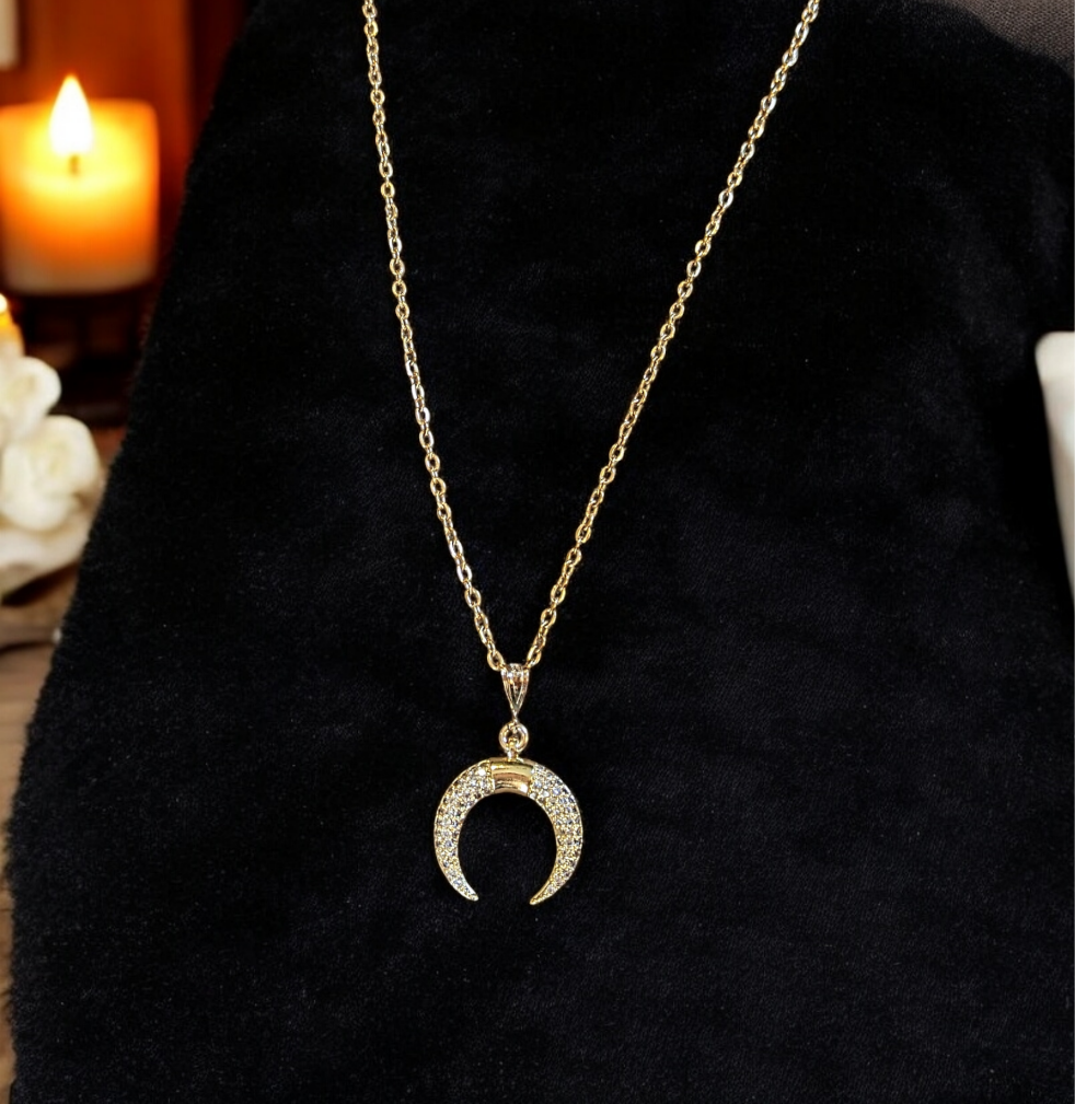 Gold Downward Crescent Moon Necklace, Crescent Horn Necklace