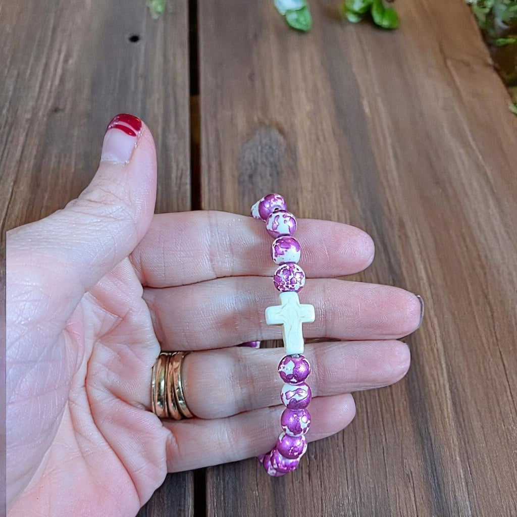 Mauve Ivory Beaded Cross Stretch bracelet