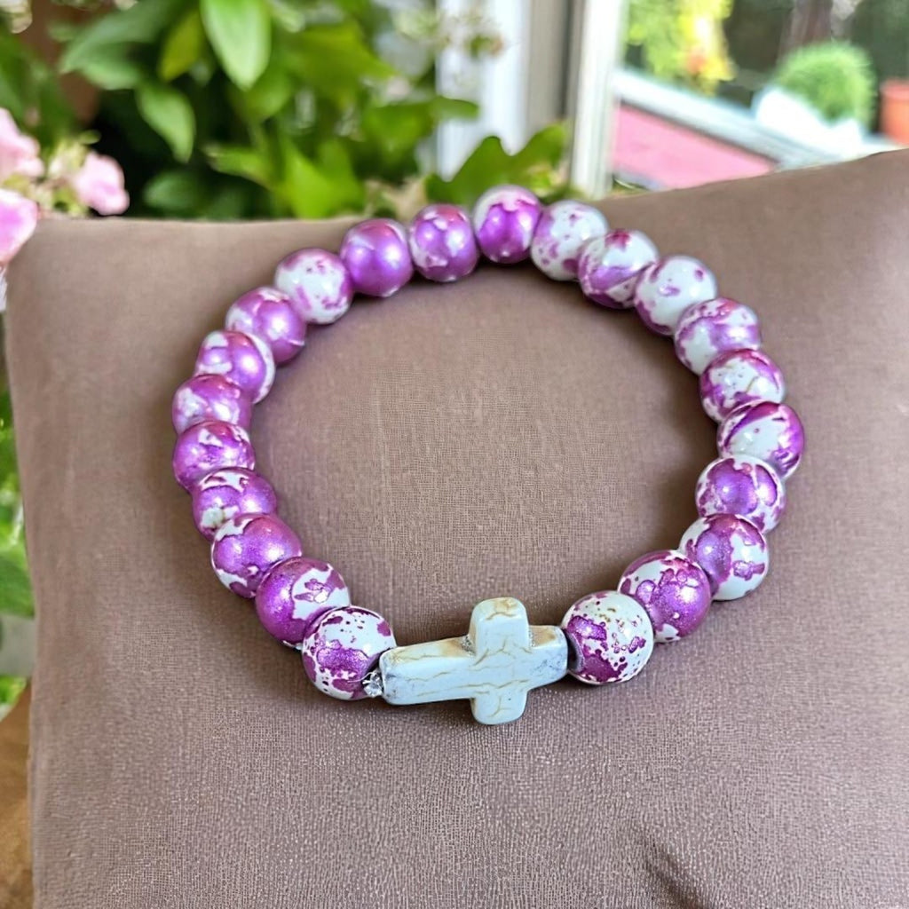 Mauve Ivory Beaded Cross Stretch bracelet