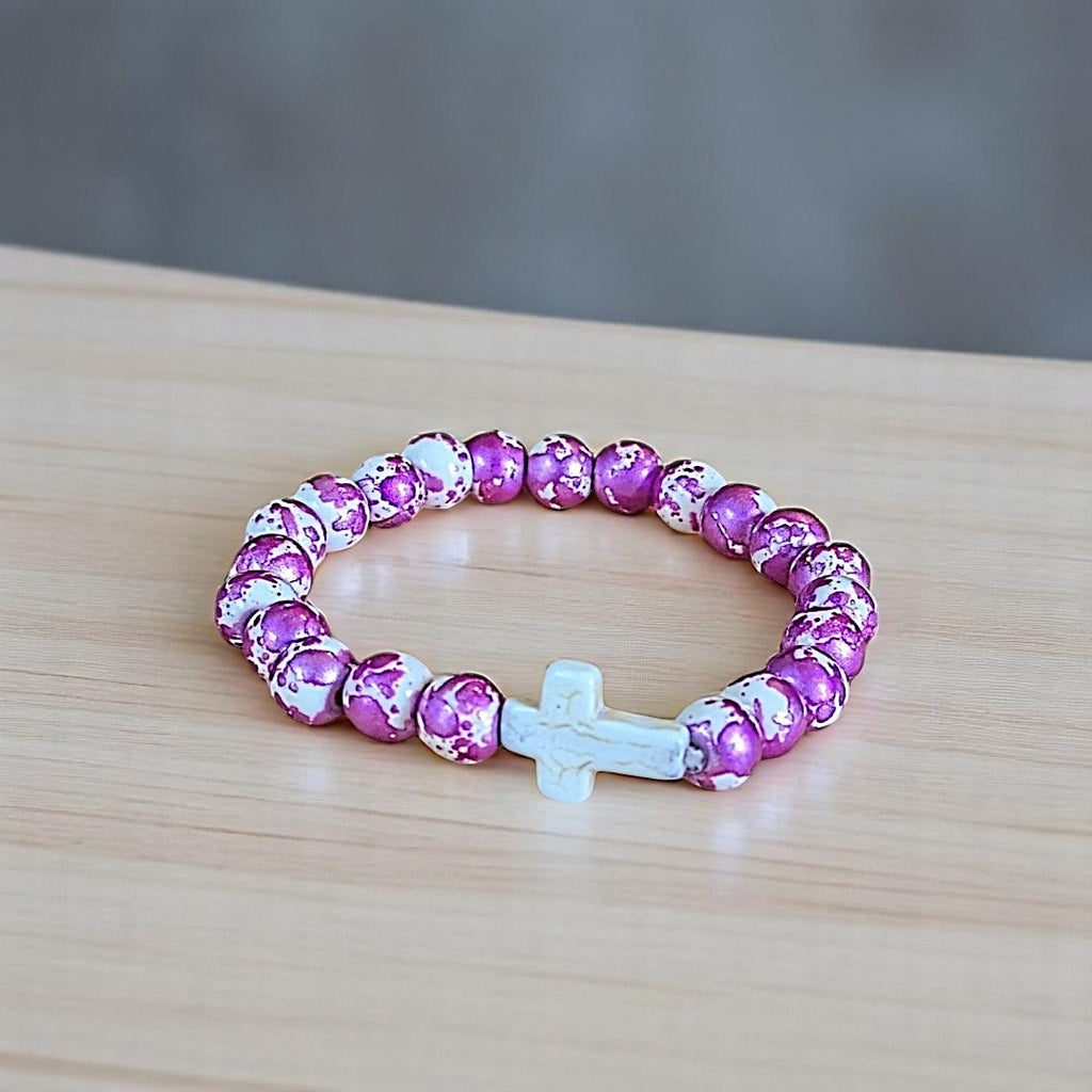 Mauve Ivory Beaded Cross Stretch bracelet