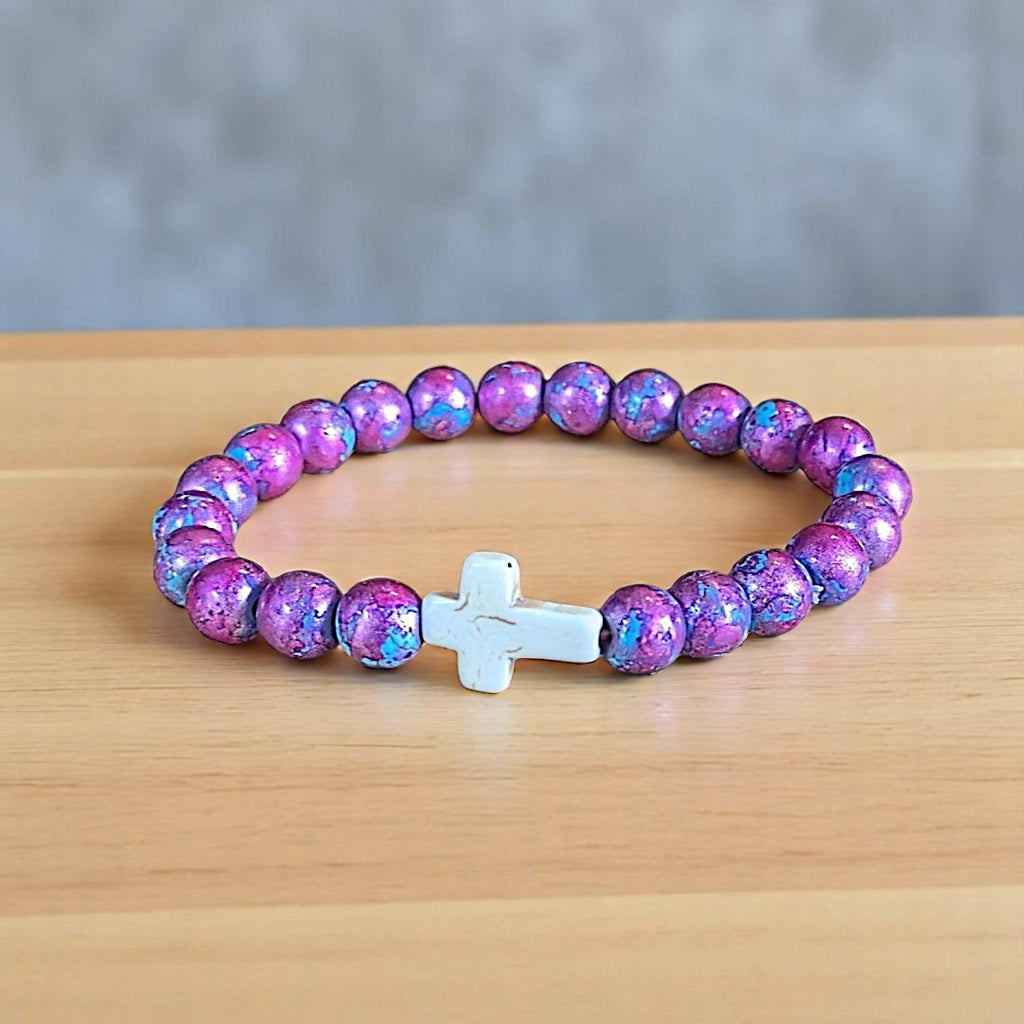 Mauve Aqua Beaded Cross Stretch bracelet