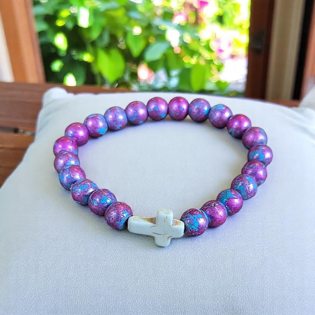 Mauve Aqua Beaded Cross Stretch bracelet