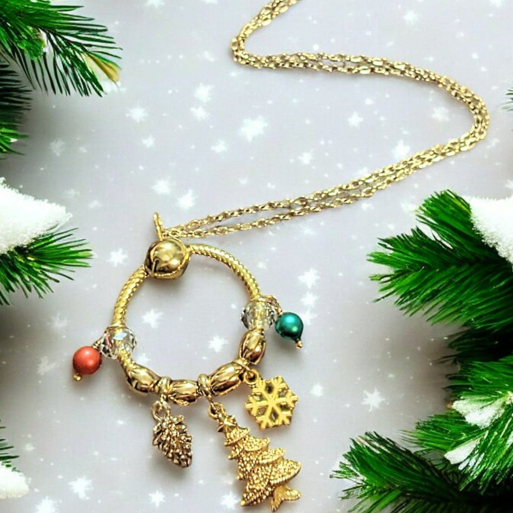 Gold Christmas Charm Keeper Necklace, Approx. 26 inches