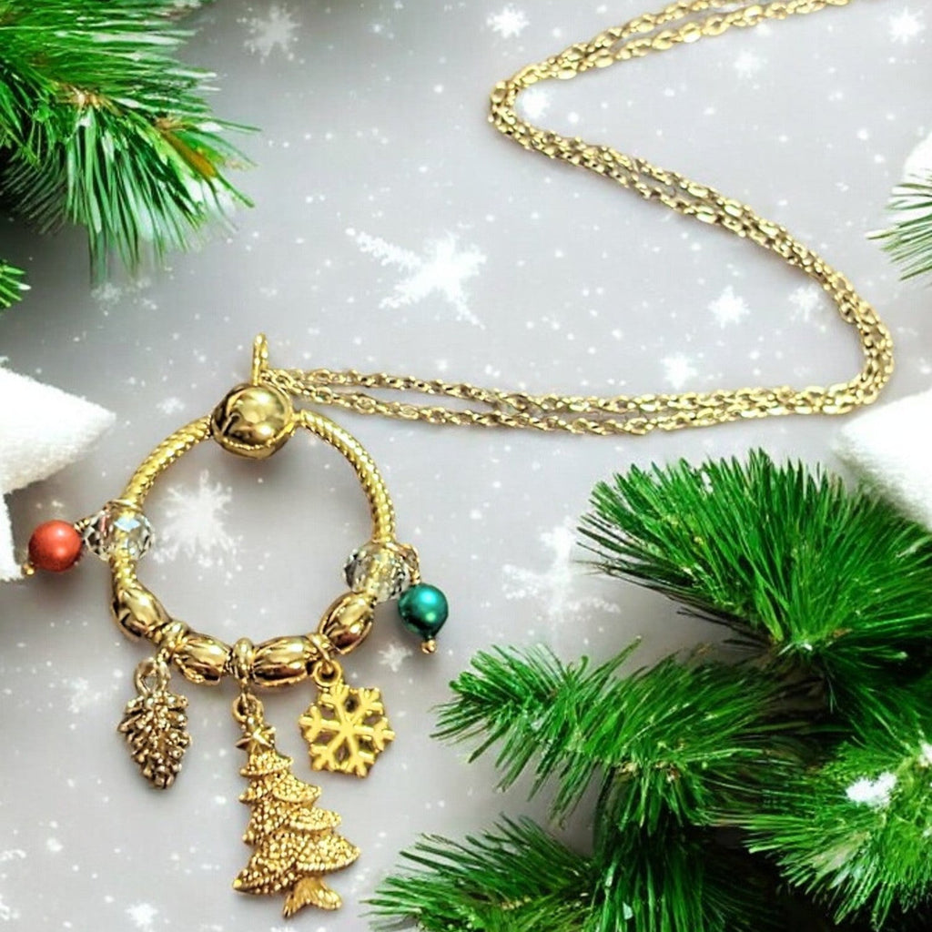 Gold Christmas Charm Keeper Necklace, Approx. 26 inches