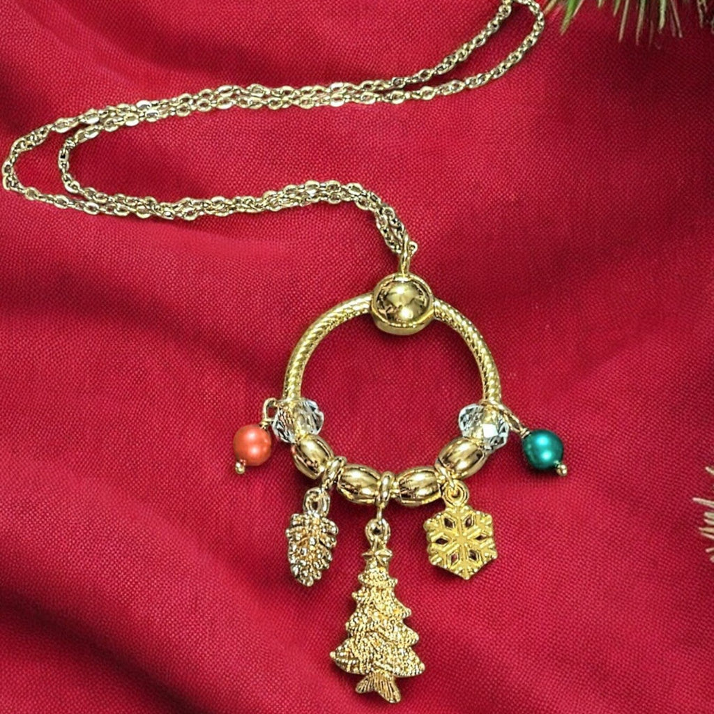 Gold Christmas Charm Keeper Necklace, Approx. 26 inches