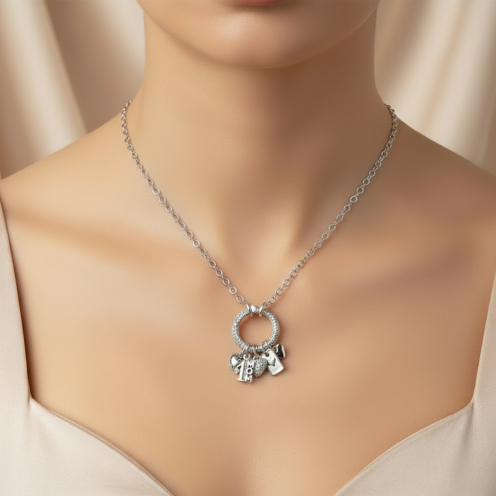 #1 Mom Silver CZ Snap Ring Necklace, .925 Sterling Silver - 20 inch