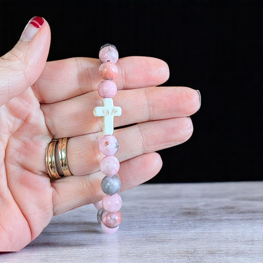 Pink Zebra Jasper Beaded Cross Stretch bracelet