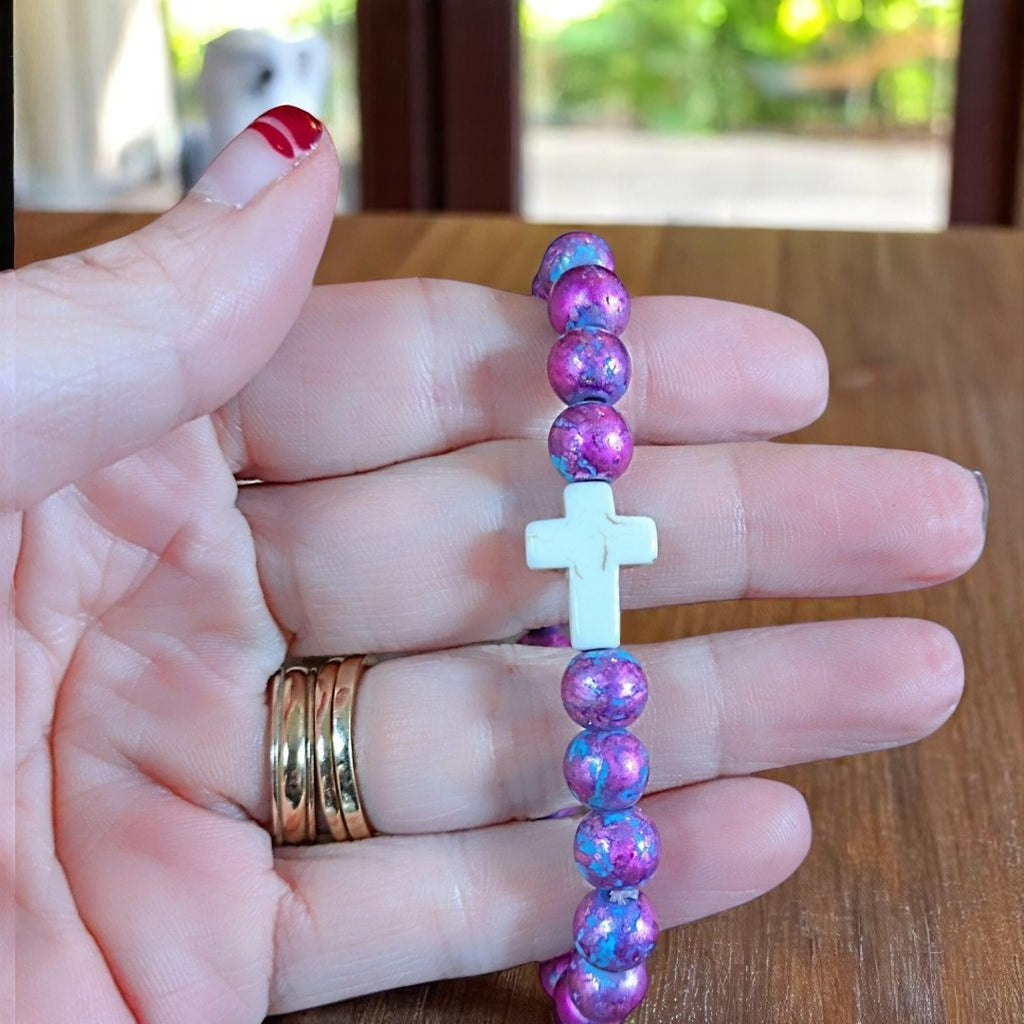 Mauve Aqua Beaded Cross Stretch bracelet
