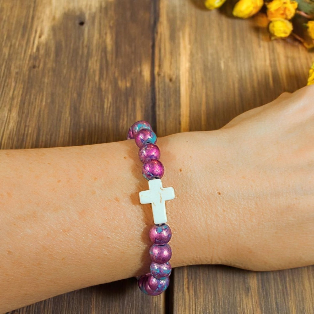Mauve Aqua Beaded Cross Stretch bracelet