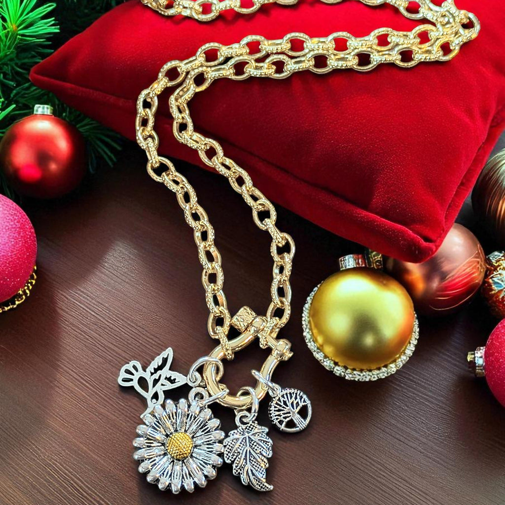 Two Tone Sunflower, Hummingbird Nature Carabiner Necklace, Gold - 20 inch