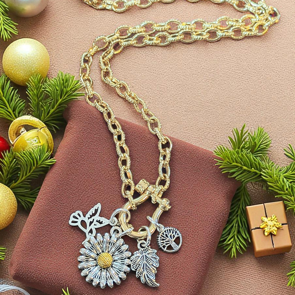 Two Tone Sunflower, Hummingbird Nature Carabiner Necklace, Gold - 20 inch