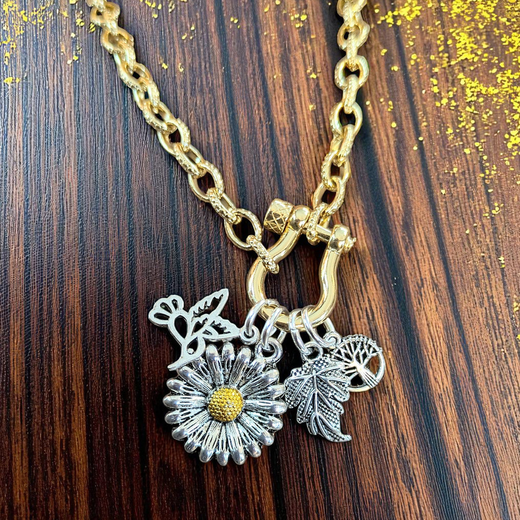 Two Tone Sunflower, Hummingbird Nature Carabiner Necklace, Gold - 20 inch