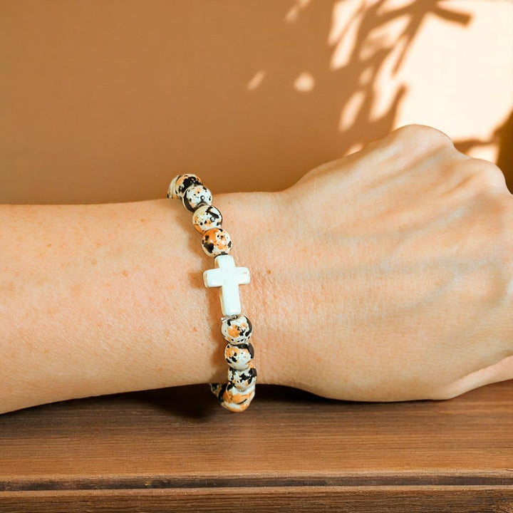 Orange Black Ivory Beaded Cross Stretch bracelet