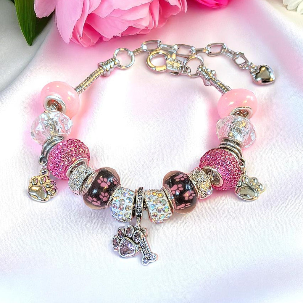 Dog Paw European beaded bracelet - Silver