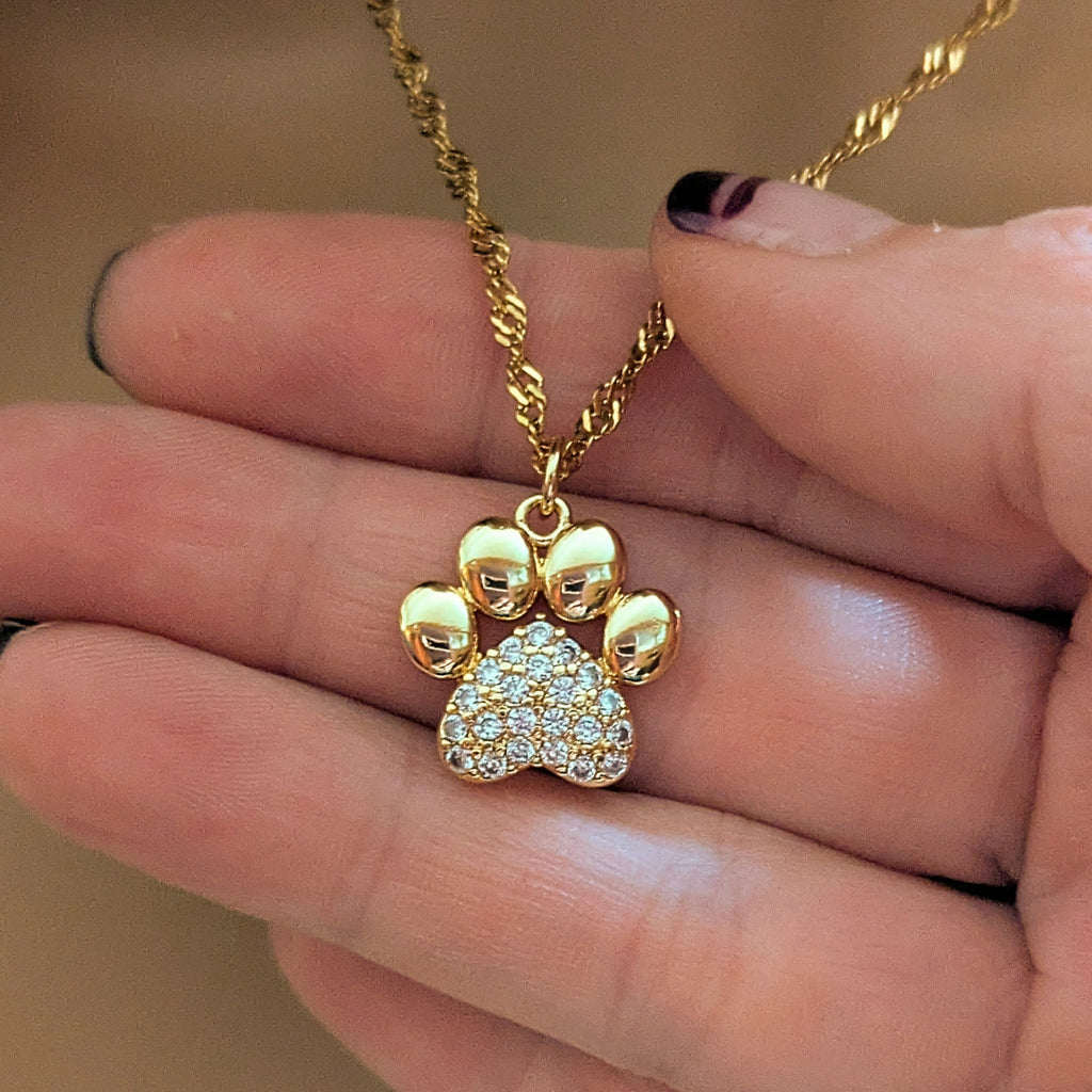 CZ Paw Print necklace, Gold- 20 inch