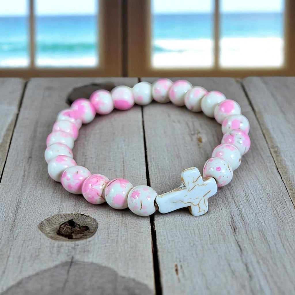 Pink Ivory Beaded Cross Stretch bracelet