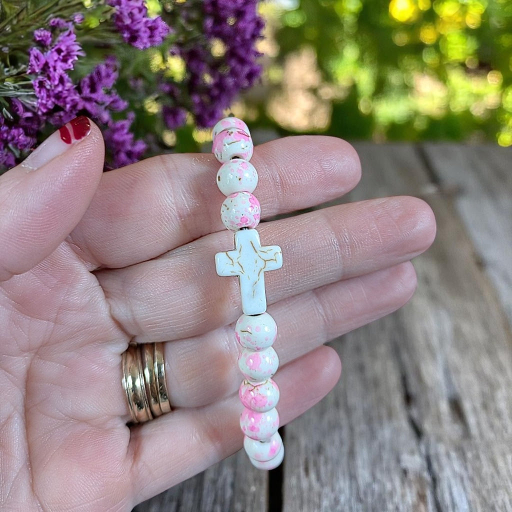Pink Ivory Beaded Cross Stretch bracelet