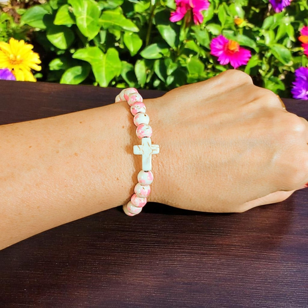 Pink Ivory Beaded Cross Stretch bracelet