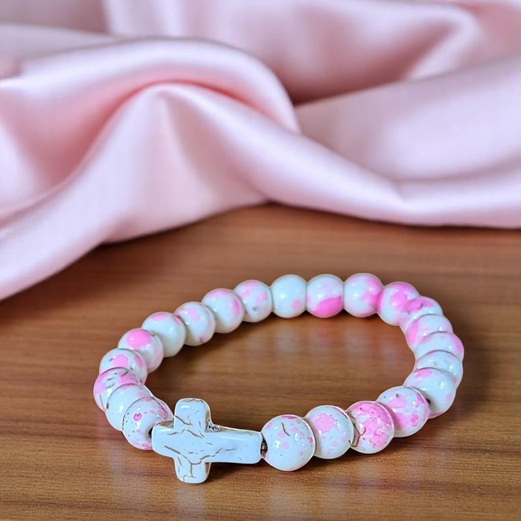 Pink Ivory Beaded Cross Stretch bracelet
