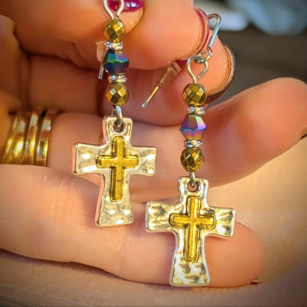 Two-Tone Cross Beaded Earrings