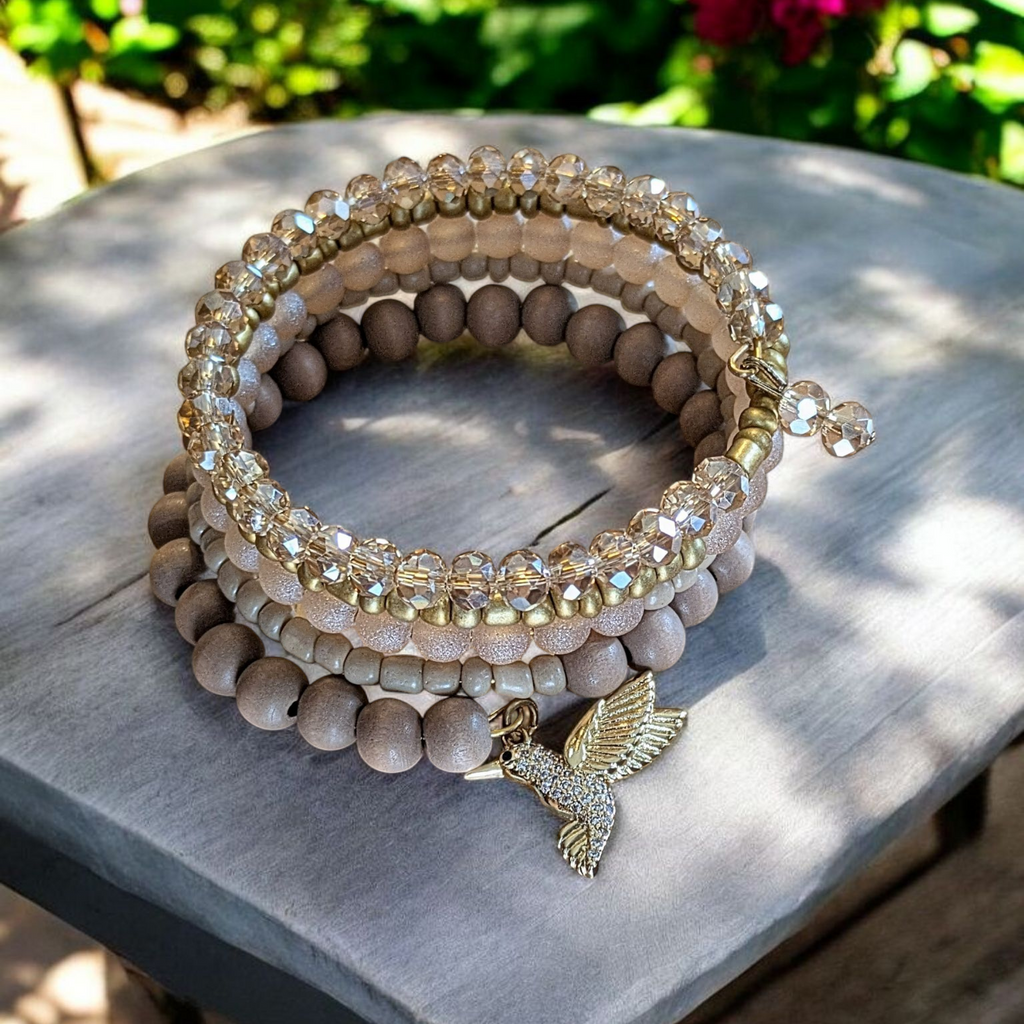Hummingbird Crystal Beaded Gold Wrap Bracelet