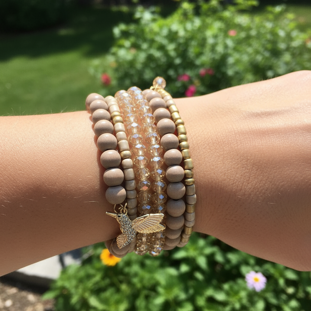 Hummingbird Crystal Beaded Gold Wrap Bracelet