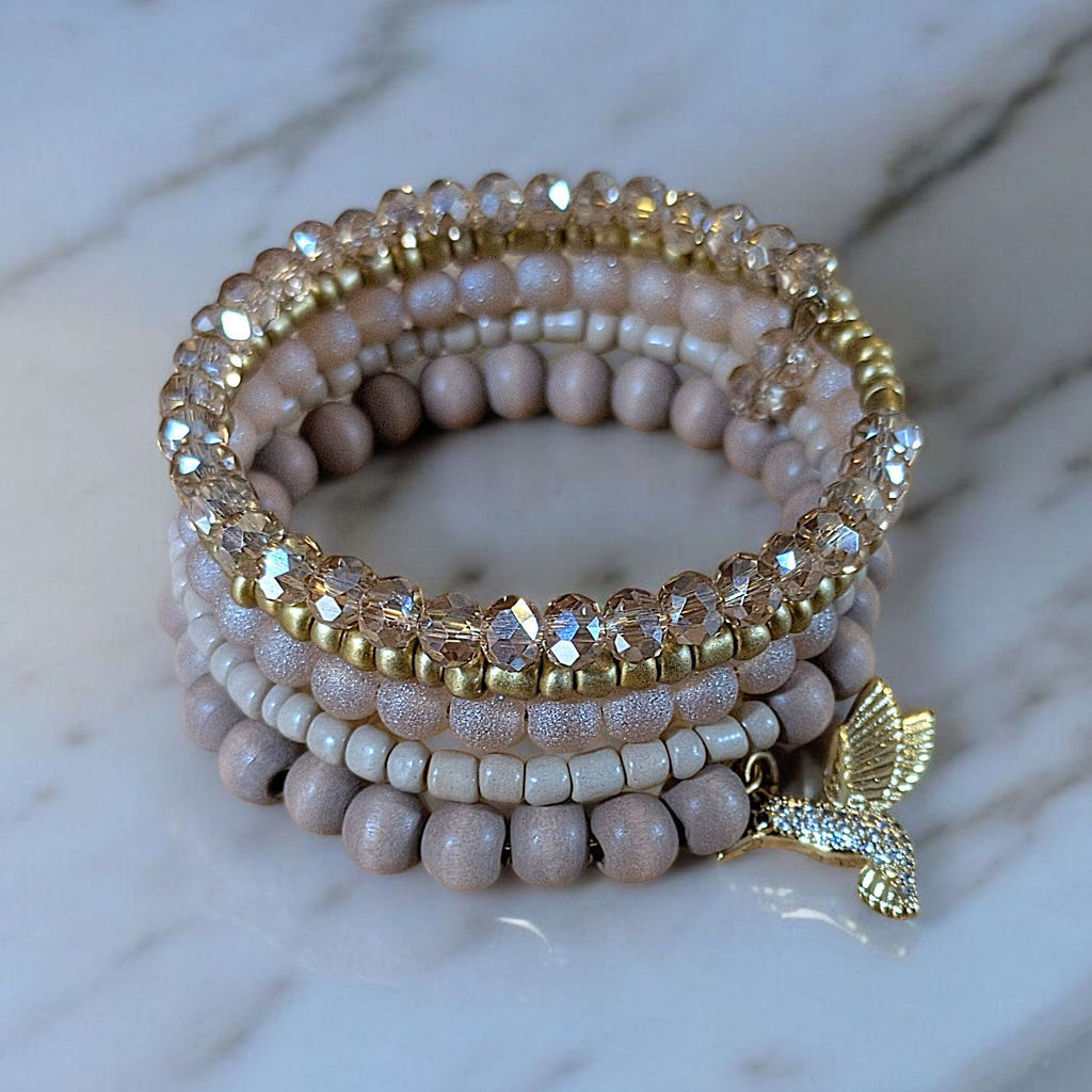 Hummingbird Crystal Beaded Gold Wrap Bracelet