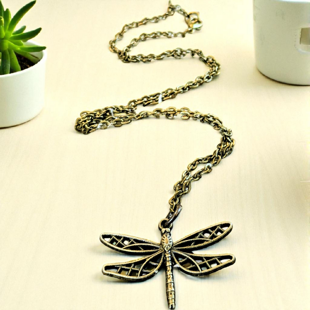Dragonfly Boho Necklace, Antique Bronze - 18 inches