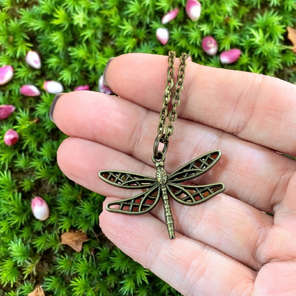 Dragonfly Boho Necklace, Antique Bronze - 18 inches