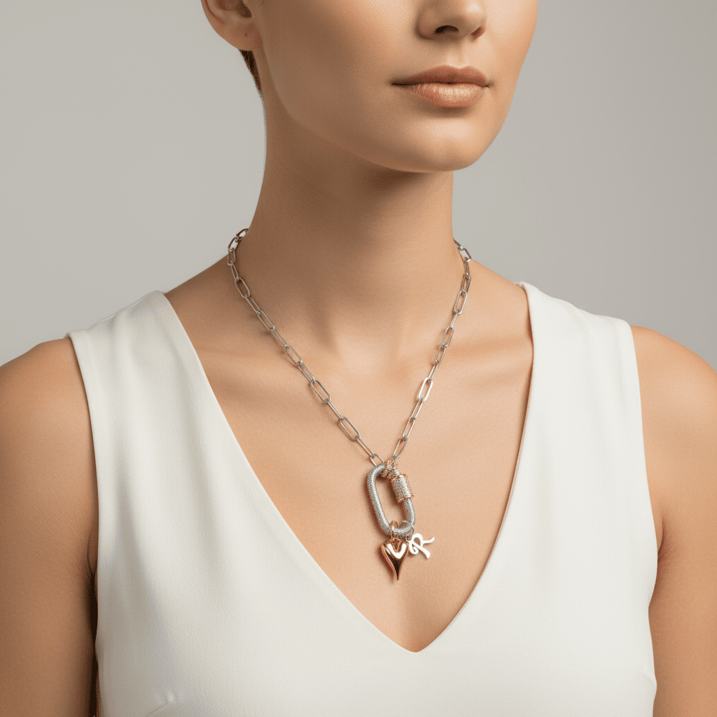 Silver Initial Heart Carabiner Necklace - 20 inch