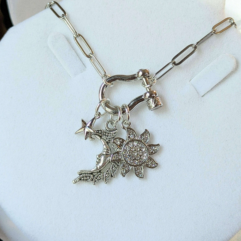 Celestial Moon Face, CZ Sun and Star Carabiner Necklace, Silver - 20 inch