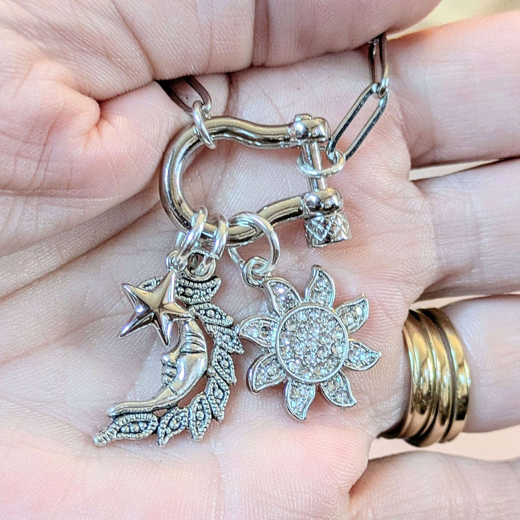 Celestial Moon Face, CZ Sun and Star Carabiner Necklace, Silver - 20 inch