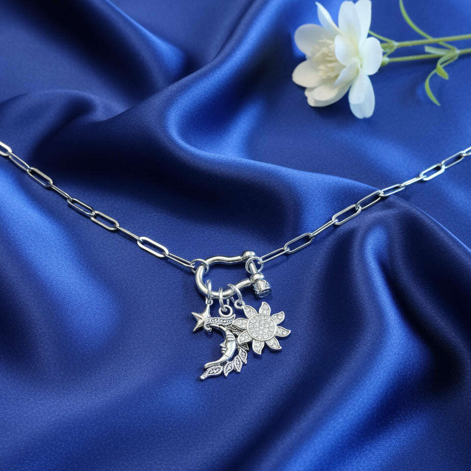 Celestial Moon Face, CZ Sun and Star Carabiner Necklace, Silver - 20 inch