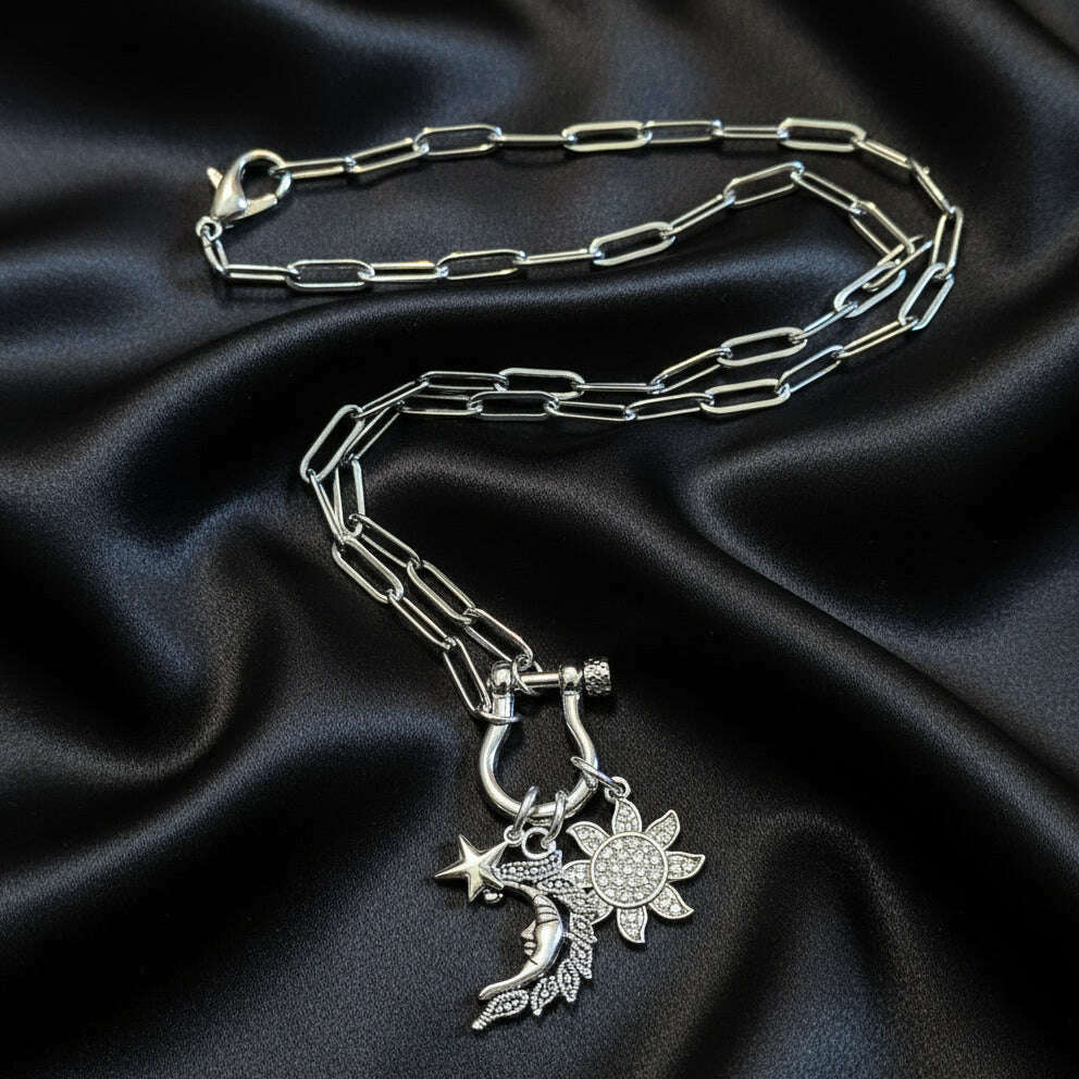 Celestial Moon Face, CZ Sun and Star Carabiner Necklace, Silver - 20 inch