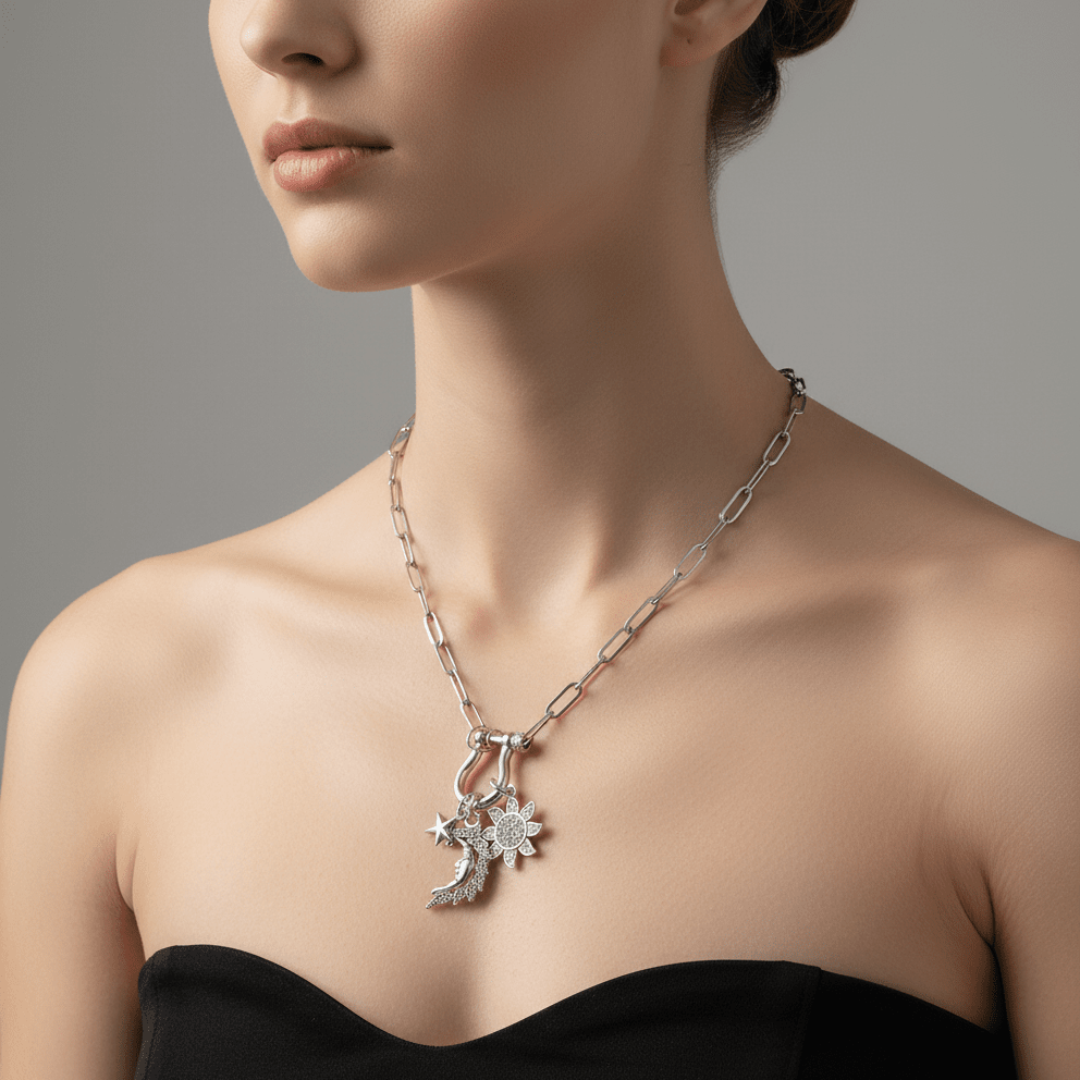 Celestial Moon Face, CZ Sun and Star Carabiner Necklace, Silver - 20 inch
