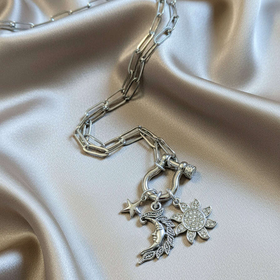 Celestial Moon Face, CZ Sun and Star Carabiner Necklace, Silver - 20 inch
